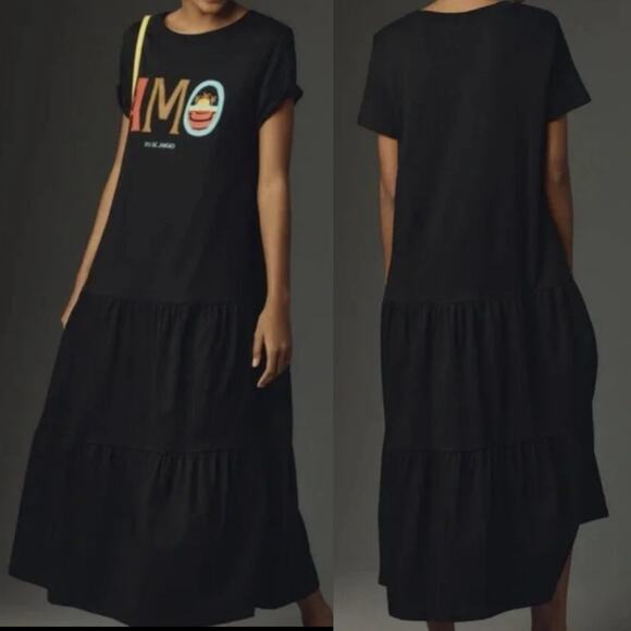 Farm Rio for Anthropologie Tiered T-Shirt Amo Maxi Dress Size Medium Black - Picture 1 of 14